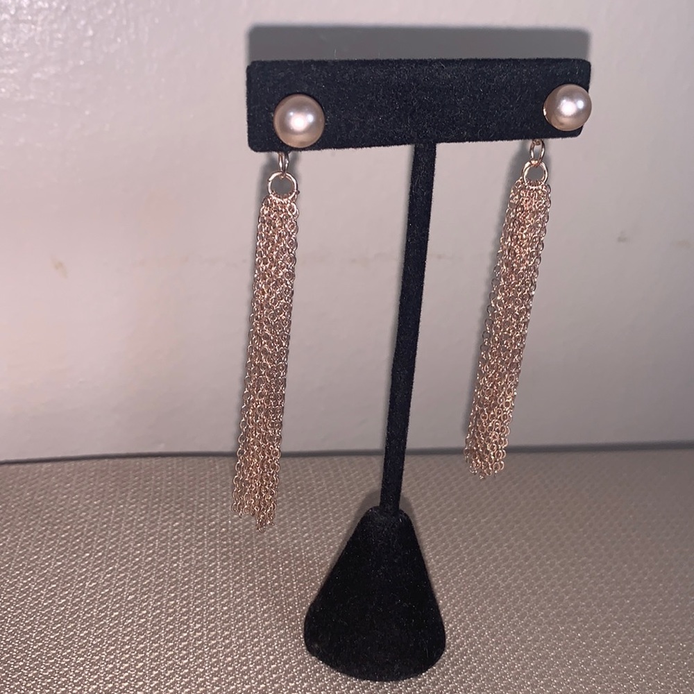 Rose Gold Tone Chain Cluster Faux Pink Pearl Post/Dangling Earrings